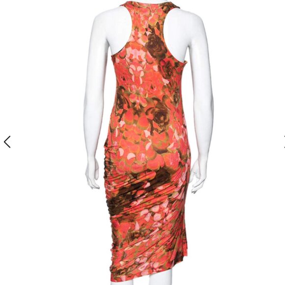 McQ by Alexander McQueen Orange Printed Lyocell Knit Racerback Ruched Dress S - Picture 5 of 16